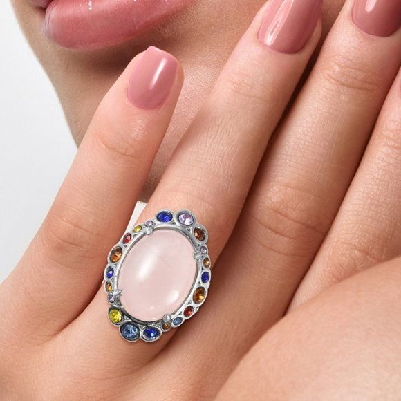 Galilea Rose Quartz and Multi Color Austrian Crystal Ring Size 10 - Picture 3 of 6